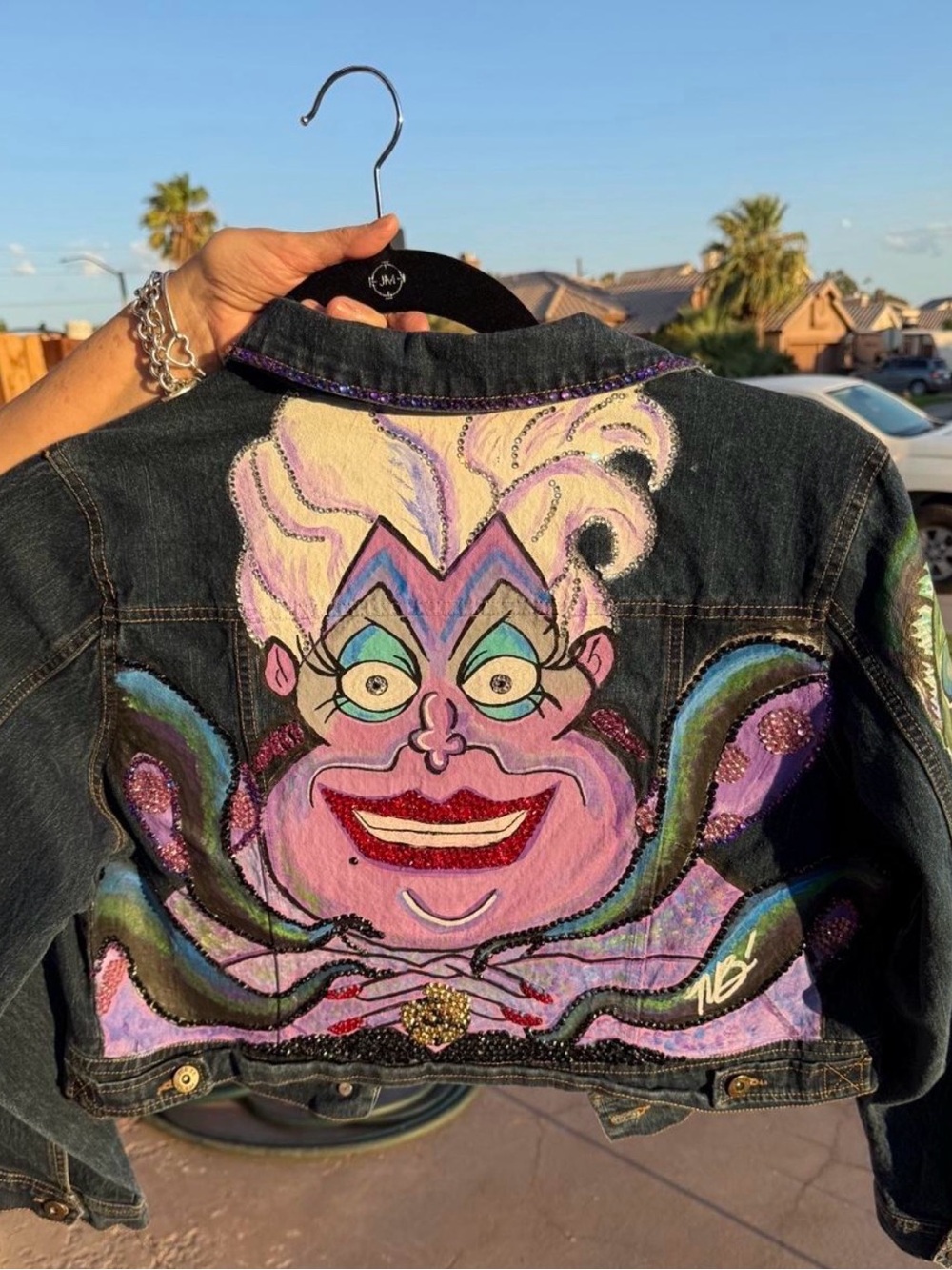 Hand-Painted Blue Denim Jacket with Colorful Ursula-Inspired Back Art